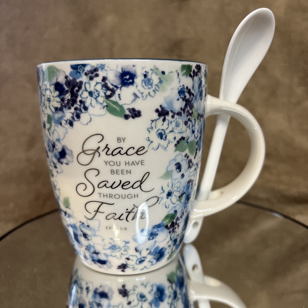 Christian Art Gifts 2022 Blue White EPH 2:8 Cup Mug With Spoon Grace Saved Faith